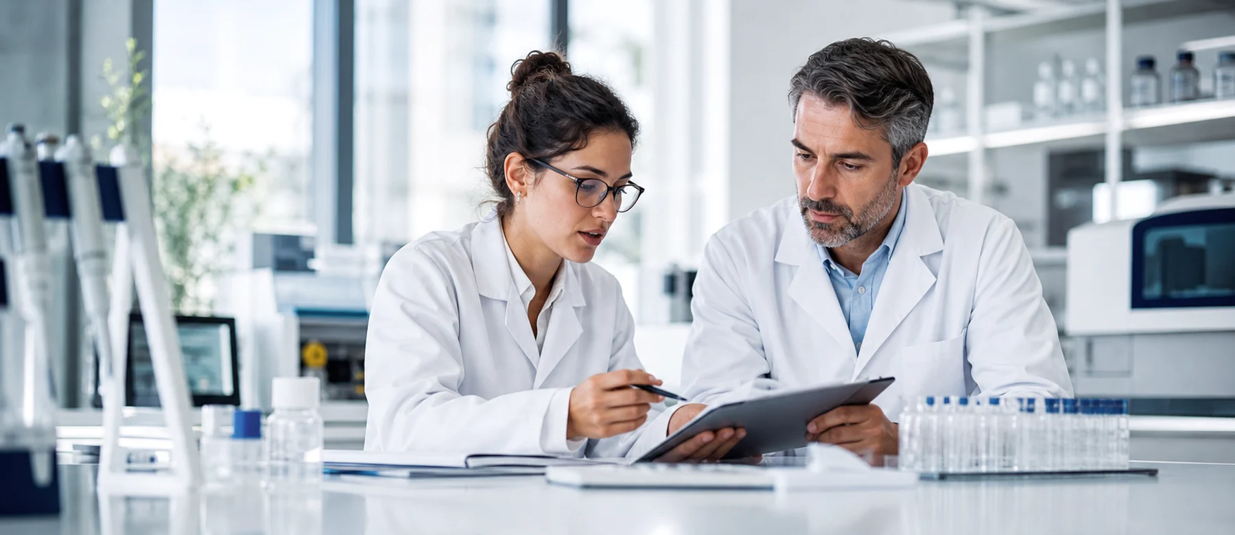 Zwei Forschende im Laborkittel besprechen Ergebnisse am Tablet – Marktforschung für Healthcare und Pharma