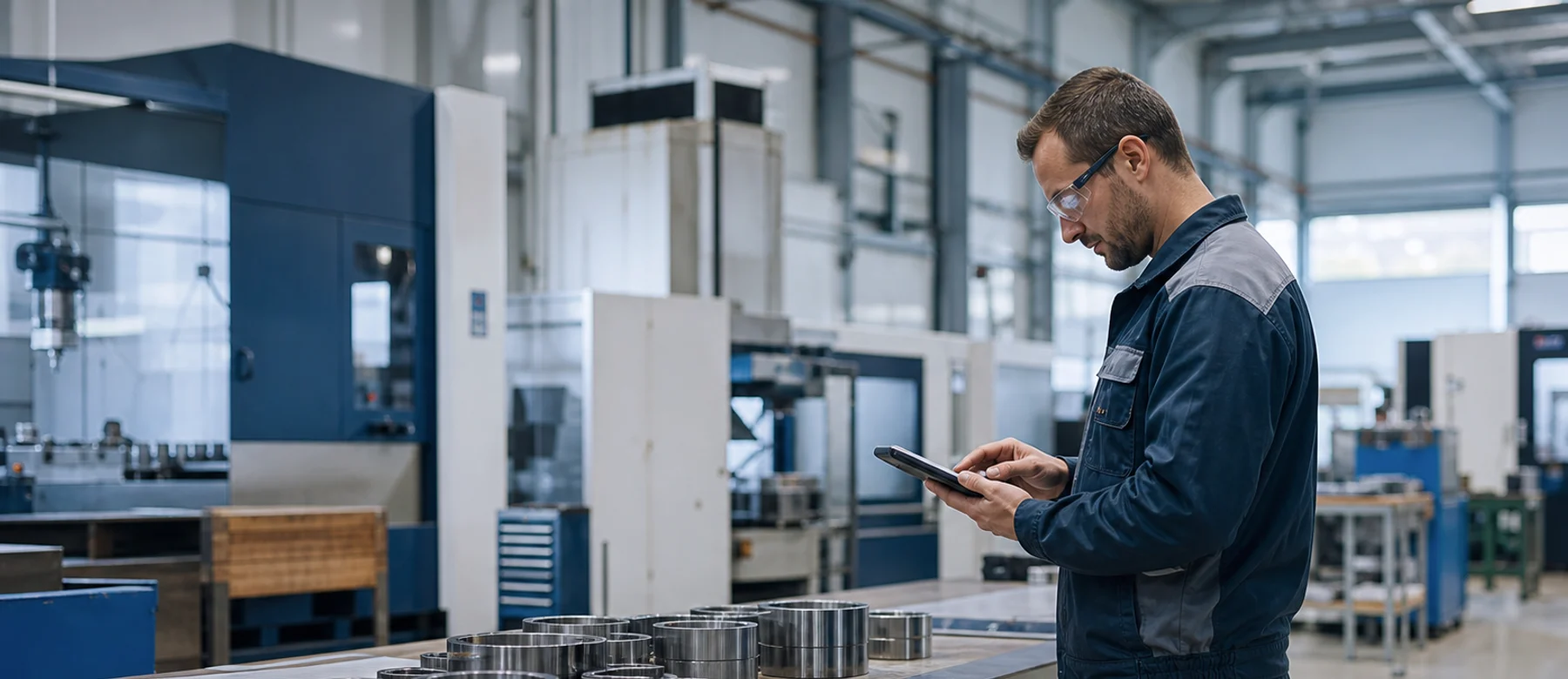 Facharbeiter prüft Daten am Tablet in einer Produktionshalle – Marktforschung für Industrie und Produktion