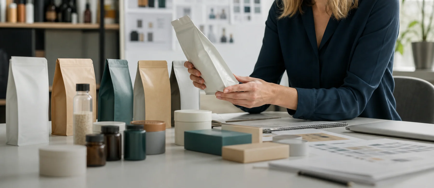 Designerin begutachtet Verpackungsentwürfe am Arbeitstisch – Marktforschung für Konsumgüter und FMCG