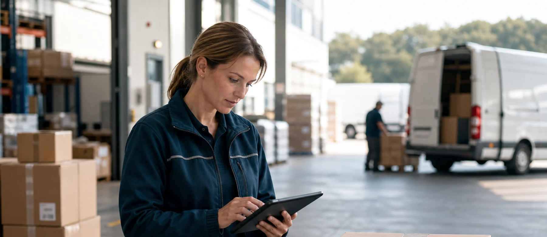 Logistikmitarbeiterin mit Tablet vor einem Transporter an der Laderampe – Marktforschung für Logistik und Mobilität