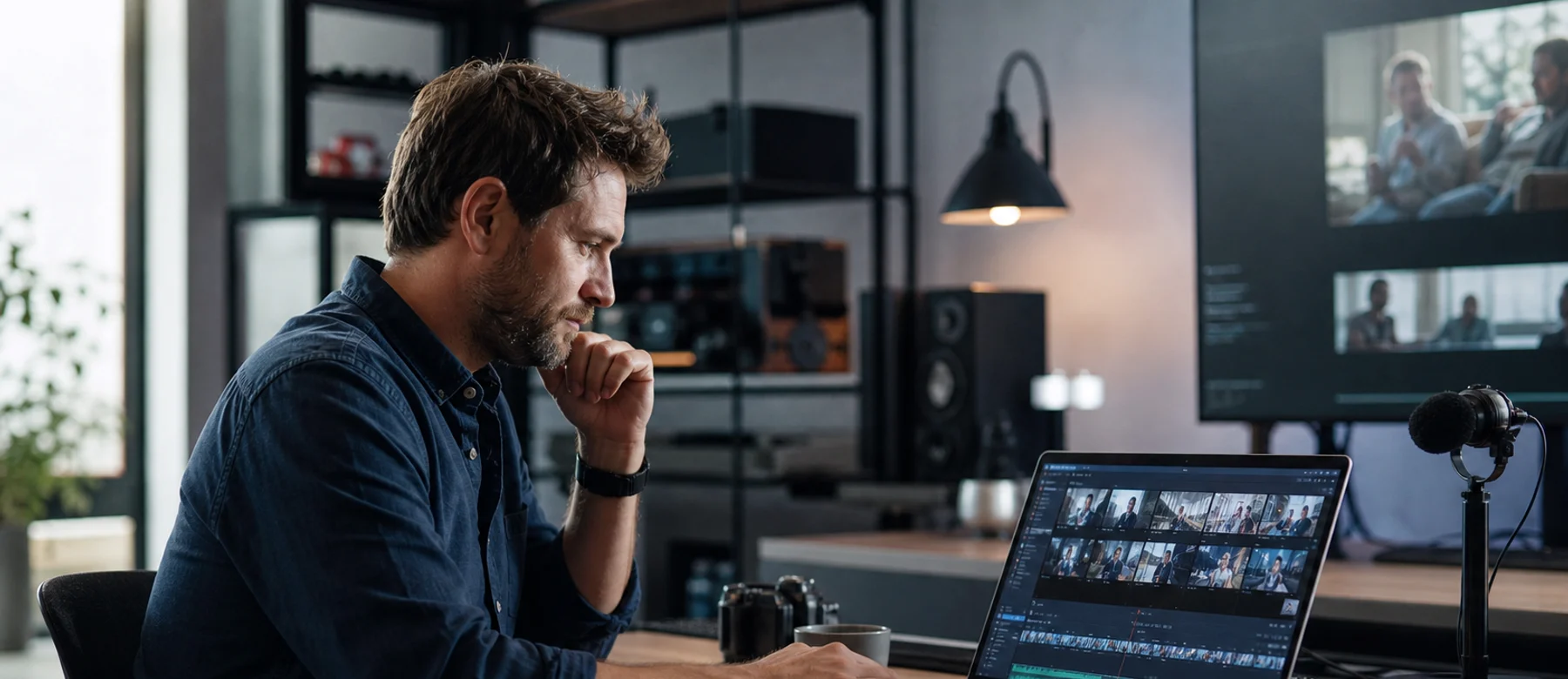 Video-Editor schneidet Filmmaterial am Laptop im Studio – Marktforschung für Medien und Entertainment