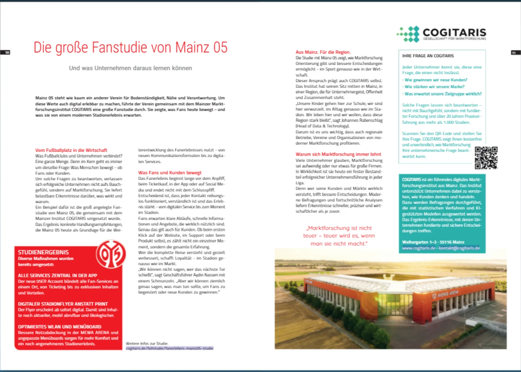 Doppelseite „Die große Fanstudie von Mainz 05“ im Stadionmagazin des 1. FSV Mainz 05 mit Vorstellung des Marktforschungsinstituts Cogitaris und Luftbild der MEWA ARENA
